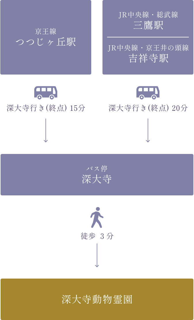 電車とバス経由での深大寺動物霊園へのアクセスマップ
